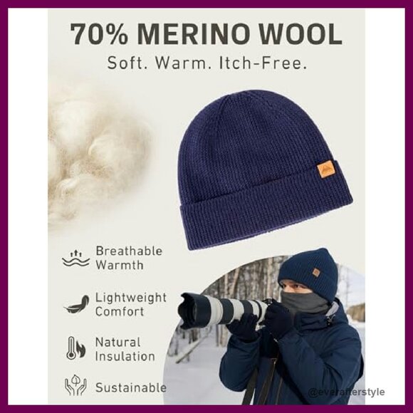 Fleece-Lined Merino Wool Beanie Warm Winter Hat Unisex Cold Weather main image 8